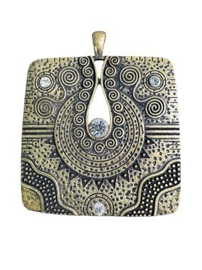 Antique Brass-Tone Ornate Square Pendant with Rhinestones
